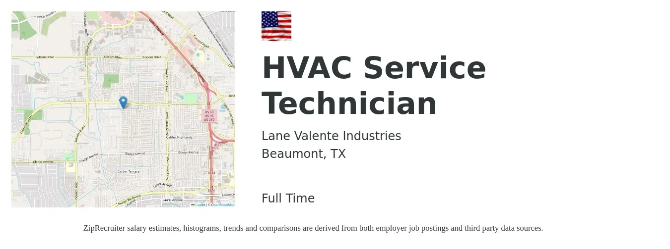 Lane Valente Industries job posting for a HVAC Service Technician in Beaumont, TX with a salary of $24 to $34 Hourly with a map of Beaumont location.