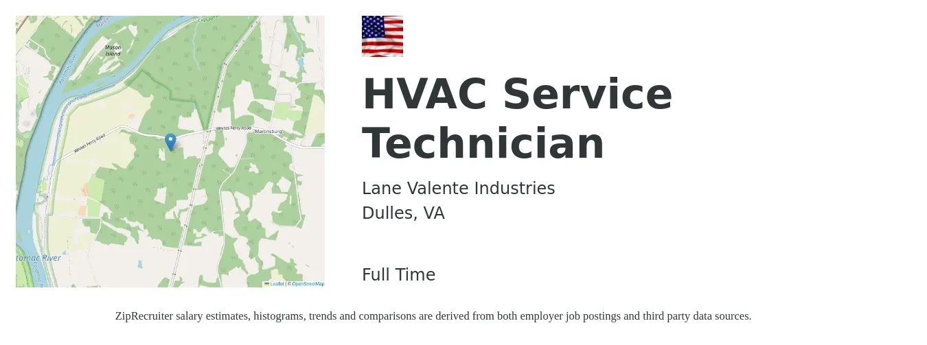 Lane Valente Industries job posting for a HVAC Service Technician in Dulles, VA with a salary of $26 to $36 Hourly with a map of Dulles location.