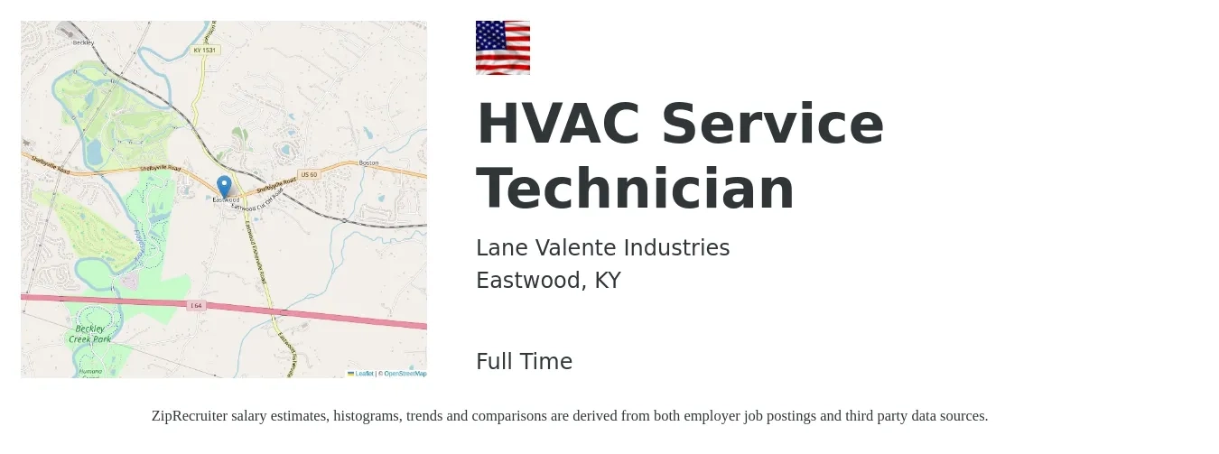 Lane Valente Industries job posting for a HVAC Service Technician in Eastwood, KY with a salary of $25 to $35 Hourly with a map of Eastwood location.
