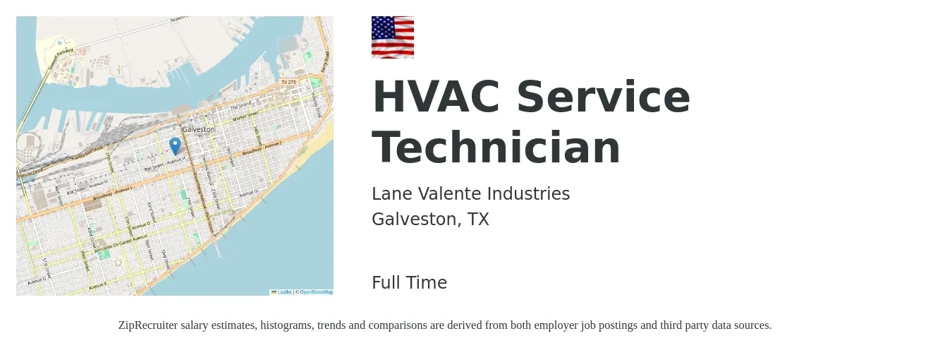 Lane Valente Industries job posting for a HVAC Service Technician in Galveston, TX with a salary of $24 to $33 Hourly with a map of Galveston location.