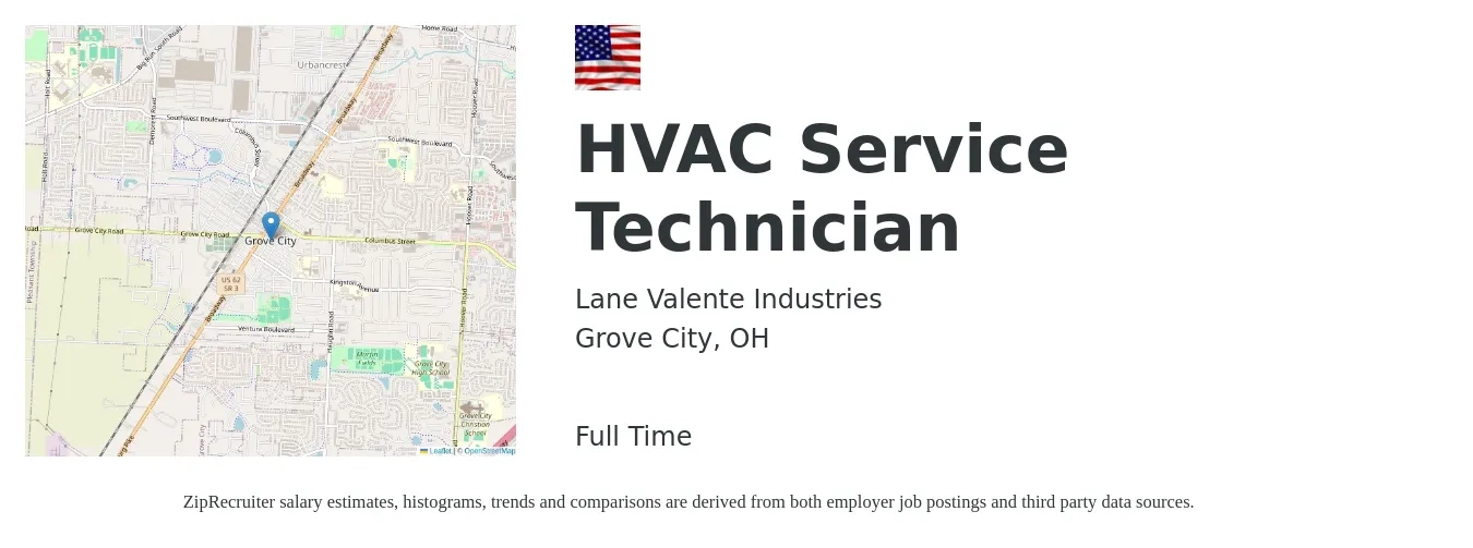 Lane Valente Industries job posting for a HVAC Service Technician in Grove City, OH with a salary of $24 to $33 Hourly with a map of Grove City location.