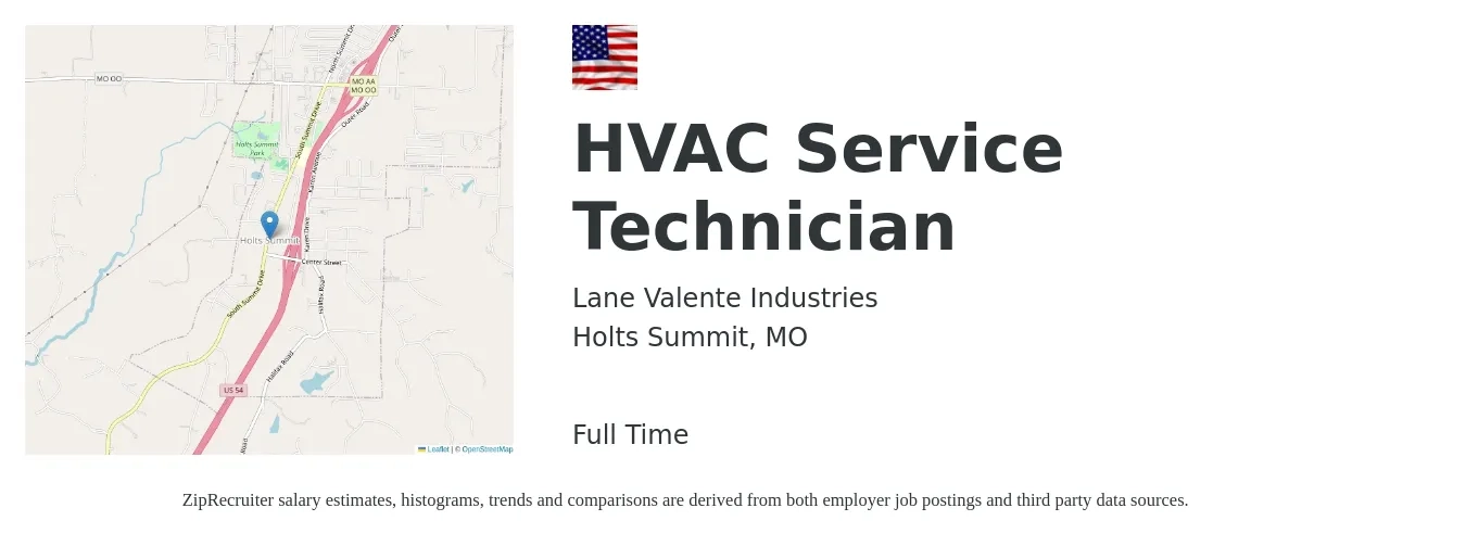 Lane Valente Industries job posting for a HVAC Service Technician in Holts Summit, MO with a salary of $24 to $33 Hourly with a map of Holts Summit location.