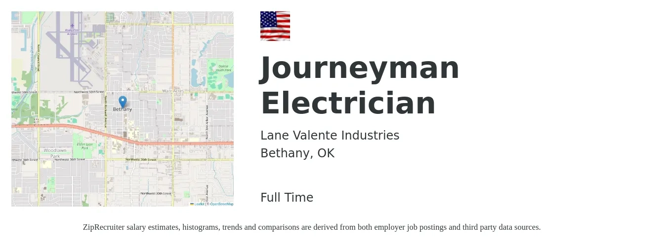 Lane Valente Industries job posting for a Journeyman Electrician in Bethany, OK with a salary of $26 to $36 Hourly with a map of Bethany location.