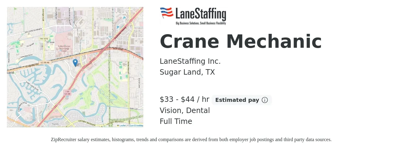 LaneStaffing Inc. job posting for a Crane Mechanic in Sugar Land, TX with a salary of $34 to $46 Hourly and benefits including dental, life_insurance, and vision with a map of Sugar Land location.