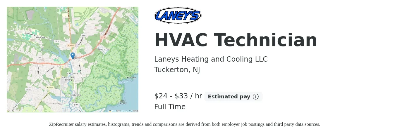 Laneys Heating and Cooling LLC job posting for a HVAC Technician in Tuckerton, NJ with a salary of $25 to $35 Hourly and benefits including medical, pto, and retirement with a map of Tuckerton location.