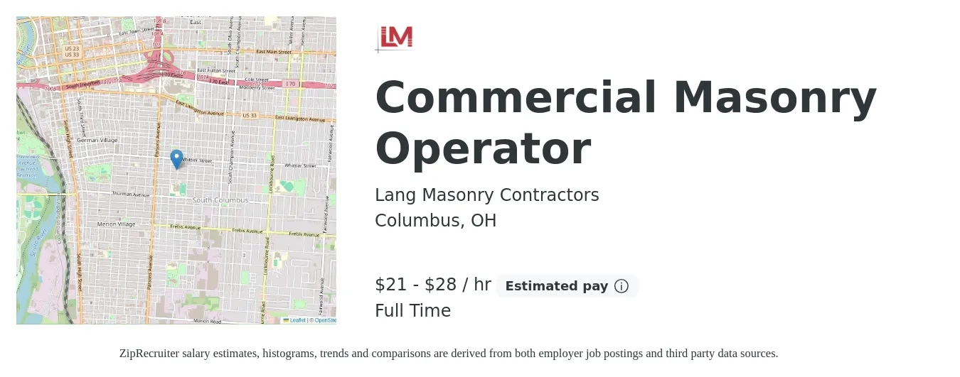 Lang Masonry Contractors job posting for a Commercial Masonry Operator in Columbus, OH with a salary of $22 to $30 Hourly with a map of Columbus location.