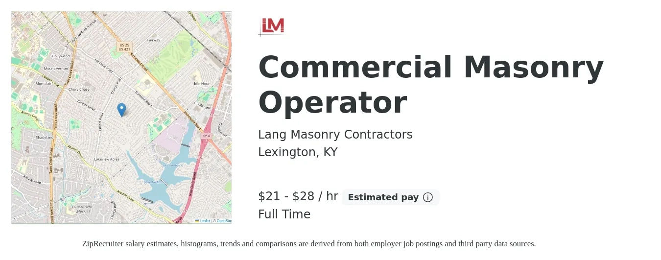 Lang Masonry Contractors job posting for a Commercial Masonry Operator in Lexington, KY with a salary of $22 to $30 Hourly with a map of Lexington location.