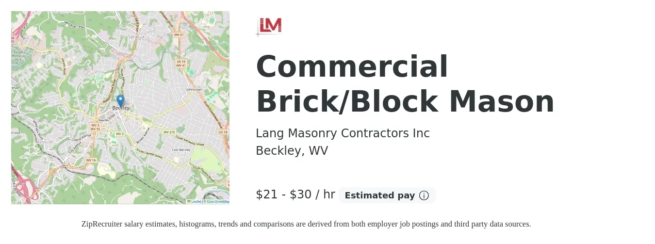 Lang Masonry Contractors Inc job posting for a Commercial Brick/Block Mason in Beckley, WV with a salary of $22 to $32 Hourly with a map of Beckley location.