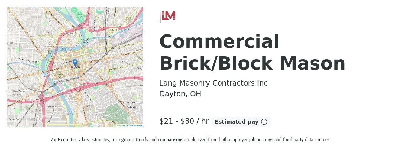 Lang Masonry Contractors Inc job posting for a Commercial Brick/Block Mason in Dayton, OH with a salary of $22 to $32 Hourly with a map of Dayton location.