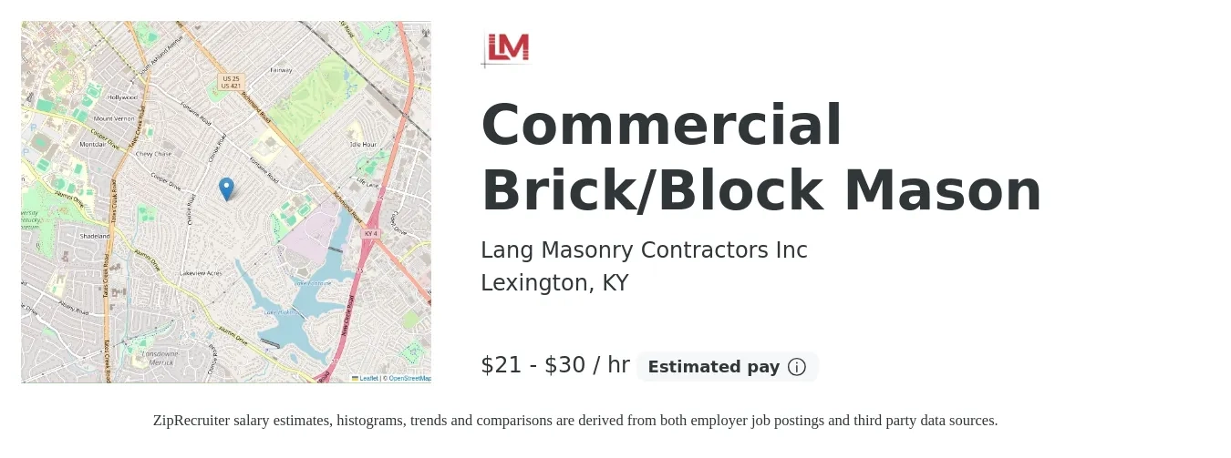 Lang Masonry Contractors Inc job posting for a Commercial Brick/Block Mason in Lexington, KY with a salary of $22 to $32 Hourly with a map of Lexington location.