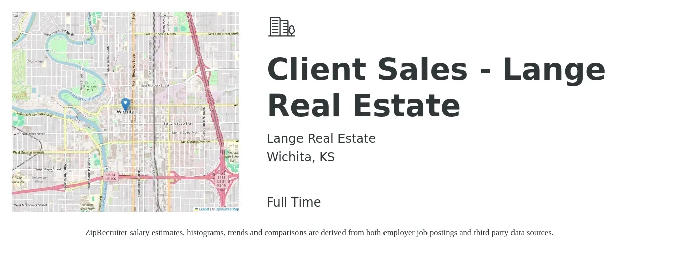 Lange Real Estate job posting for a Client Sales - Lange Real Estate in Wichita, KS with a salary of $50,000 to $91,700 Yearly with a map of Wichita location.