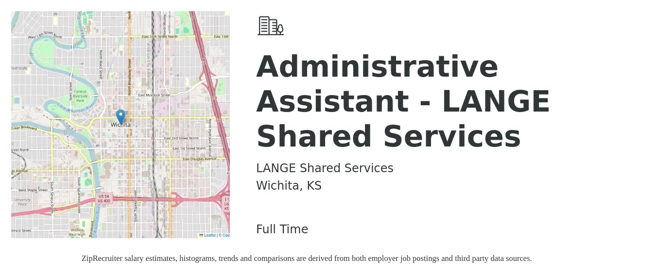LANGE Shared Services job posting for a Administrative Assistant - LANGE Shared Services in Wichita, KS with a salary of $16 to $22 Hourly with a map of Wichita location.