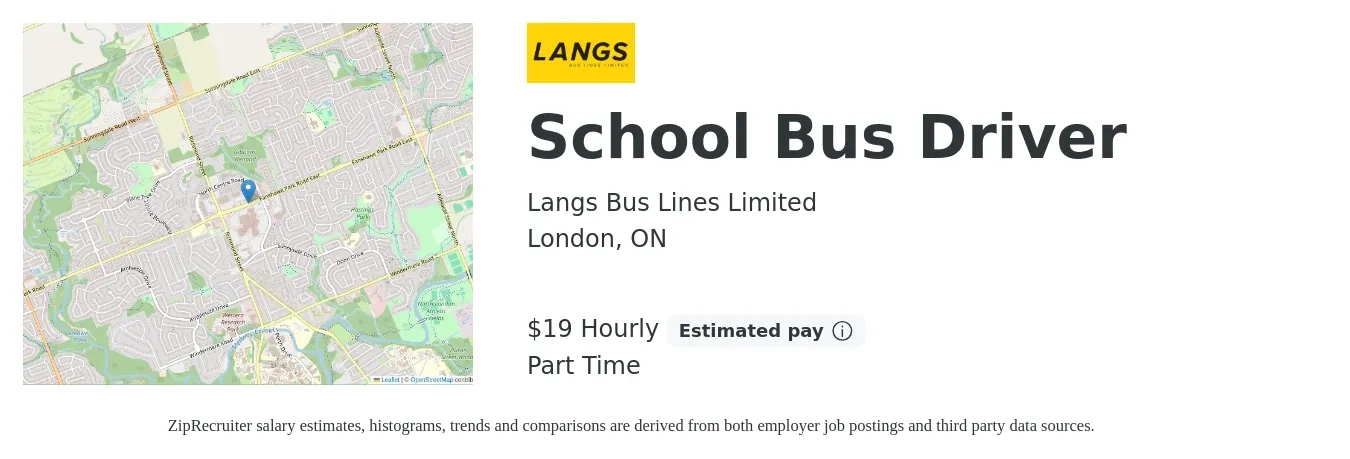 Langs Bus Lines Limited job posting for a School Bus Driver in London, ON with a salary of $20 Hourly with a map of London location.