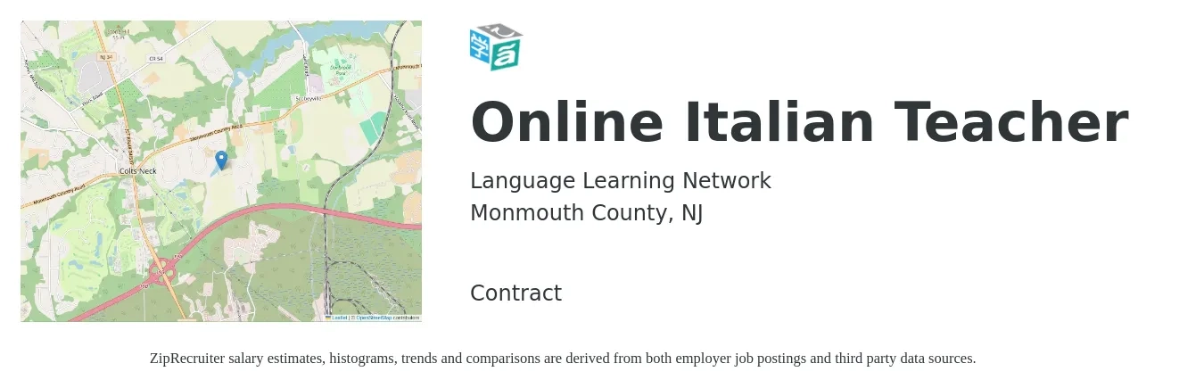 Language Learning Network job posting for a Online Italian Teacher in Monmouth County, NJ with a salary of $400 Weekly with a map of Monmouth County location.