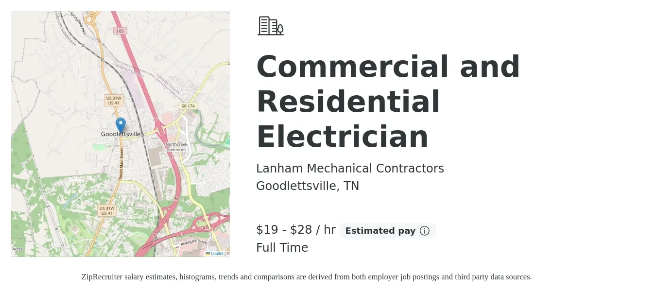 Lanham Mechanical Contractors job posting for a Commercial and Residential Electrician in Goodlettsville, TN with a salary of $20 to $30 Hourly with a map of Goodlettsville location.