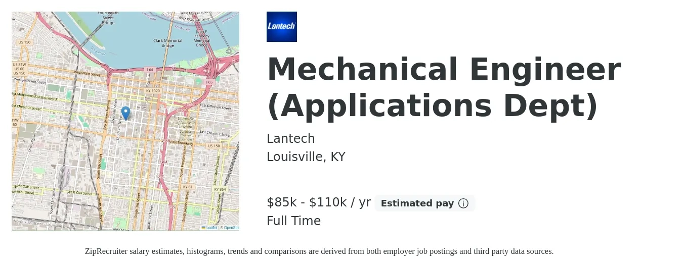 Lantech job posting for a Mechanical Engineer (Applications Dept) in Louisville, KY with a salary of $85,000 to $110,000 Yearly with a map of Louisville location.