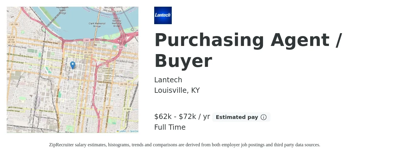 Lantech job posting for a Purchasing Agent / Buyer in Louisville, KY with a salary of $62,000 to $72,000 Yearly with a map of Louisville location.