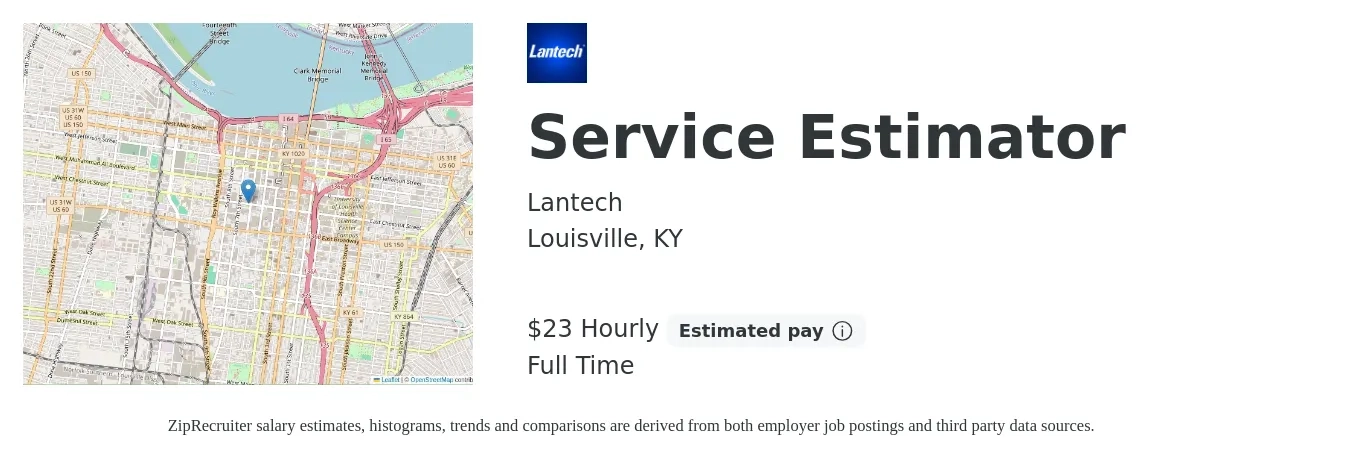 Lantech job posting for a Service Estimator in Louisville, KY with a salary of $24 Hourly with a map of Louisville location.