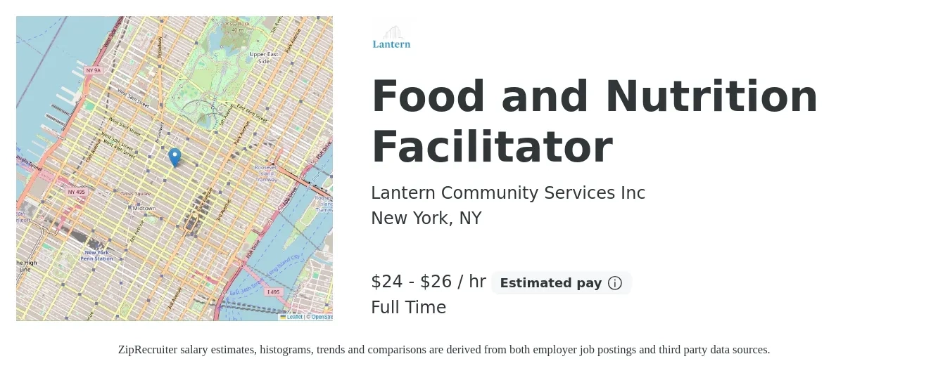 Lantern Community Services Inc job posting for a Food and Nutrition Facilitator in New York, NY with a salary of $26 to $27 Hourly with a map of New York location.