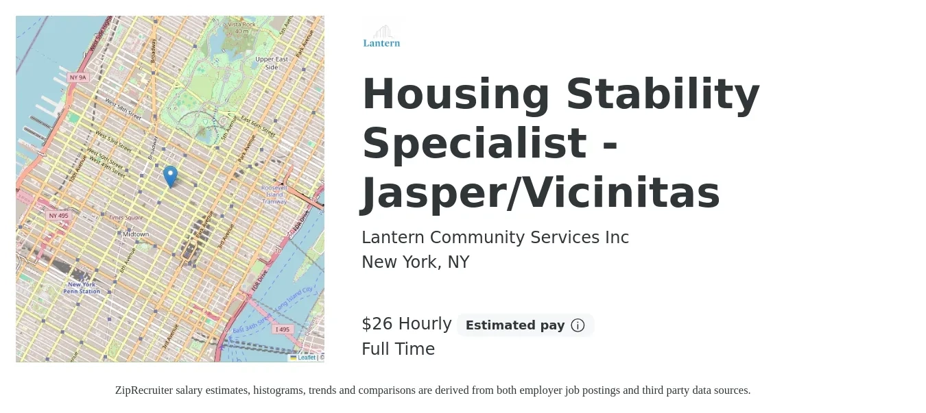Lantern Community Services Inc job posting for a Housing Stability Specialist - Jasper/Vicinitas in New York, NY with a salary of $27 Hourly with a map of New York location.