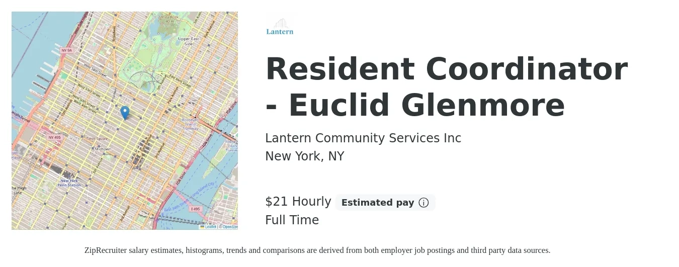 Lantern Community Services Inc job posting for a Resident Coordinator - Euclid Glenmore in New York, NY with a salary of $23 Hourly with a map of New York location.