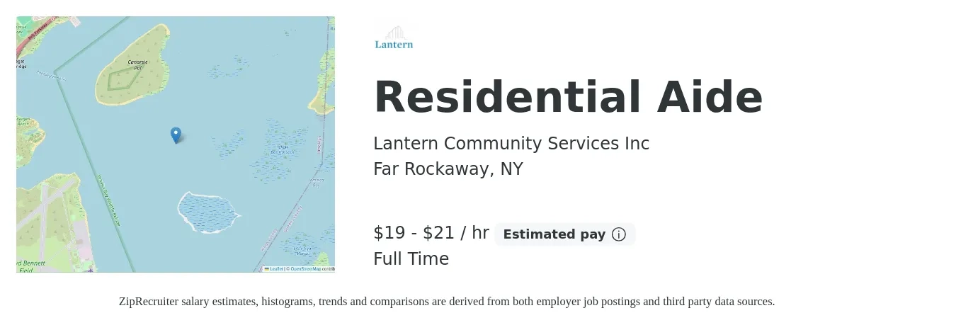 Lantern Community Services Inc job posting for a Residential Aide in Far Rockaway, NY with a salary of $21 to $22 Hourly with a map of Far Rockaway location.