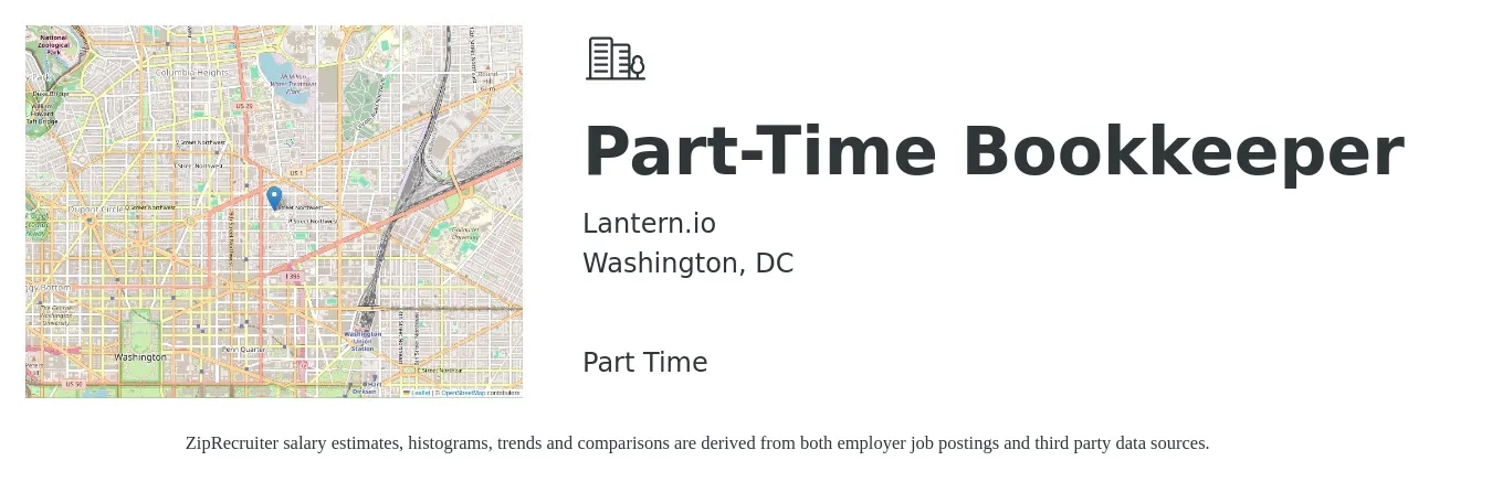 Lantern.io job posting for a Part-Time Bookkeeper in Washington, DC with a salary of $25 to $33 Hourly with a map of Washington location.