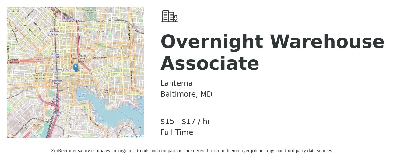 Lanterna job posting for a Overnight Warehouse Associate in Baltimore, MD with a salary of $16 to $18 Hourly with a map of Baltimore location.
