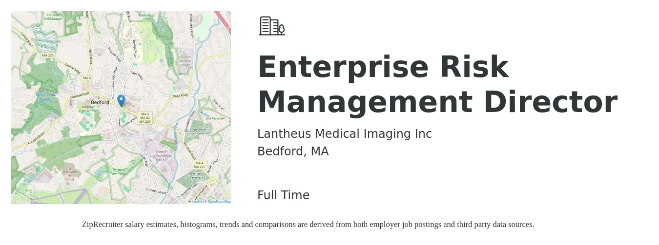 Lantheus Medical Imaging Inc job posting for a Enterprise Risk Management Director in Bedford, MA with a salary of $110,900 to $176,100 Yearly with a map of Bedford location.