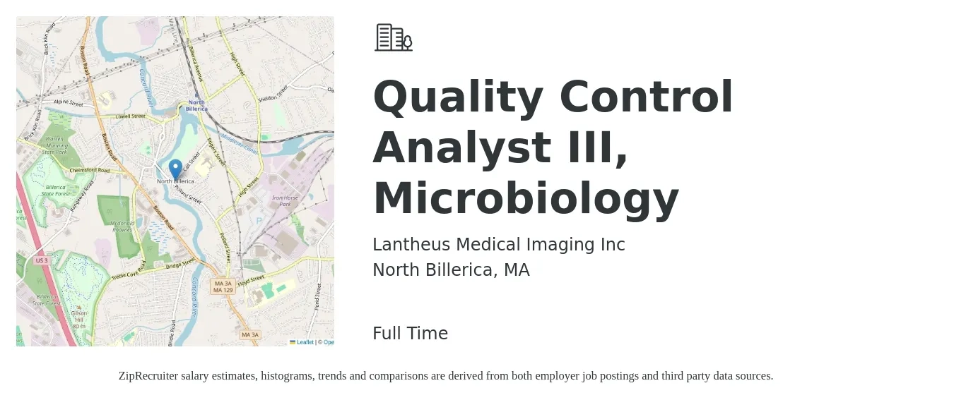 Lantheus Medical Imaging Inc job posting for a Quality Control Analyst III, Microbiology in North Billerica, MA with a salary of $26 to $34 Hourly with a map of North Billerica location.