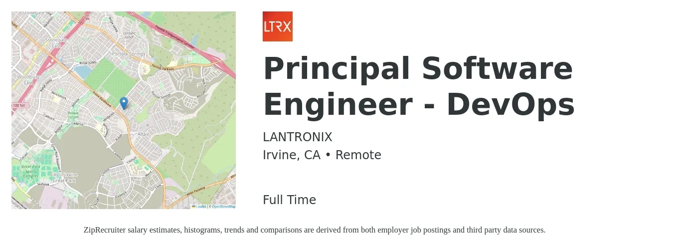 LANTRONIX job posting for a Principal Software Engineer - DevOps in Irvine, CA with a salary of $56 to $77 Hourly with a map of Irvine location.