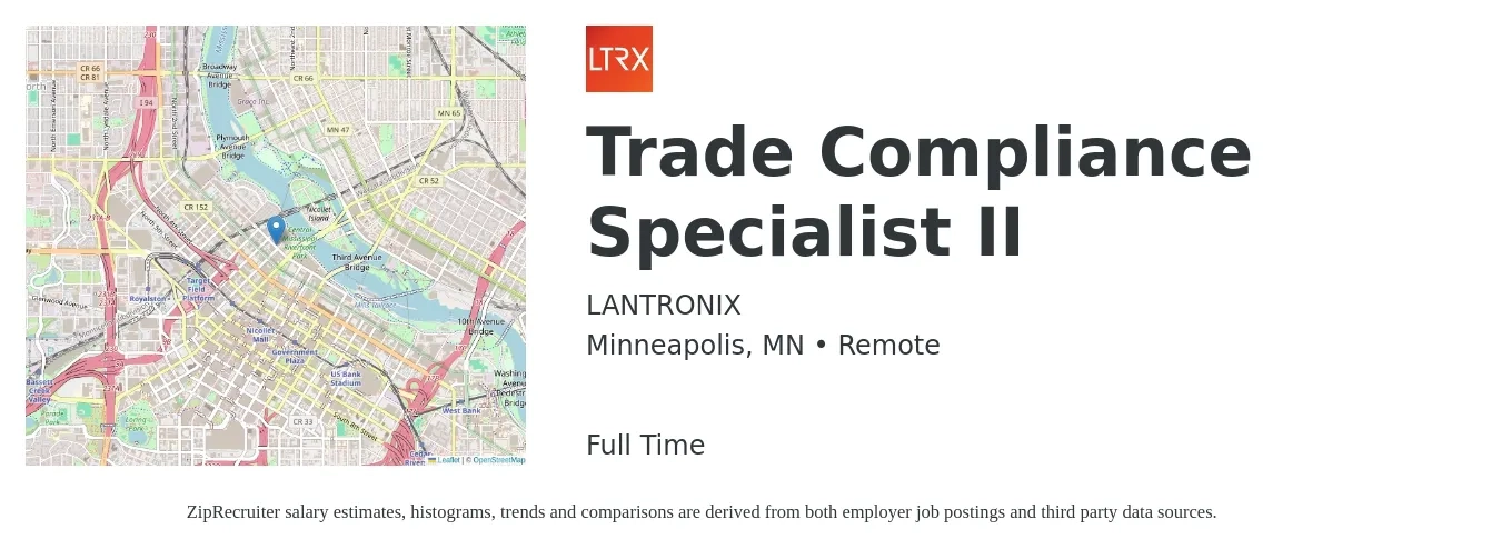LANTRONIX job posting for a Trade Compliance Specialist II in Minneapolis, MN with a salary of $50,600 to $81,900 Yearly with a map of Minneapolis location.