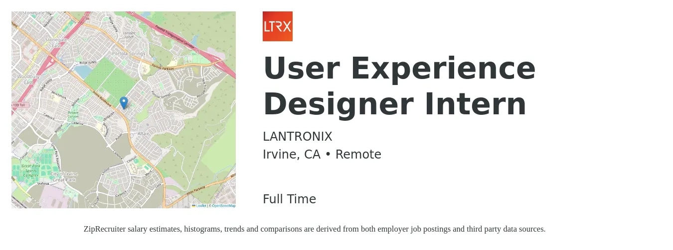 LANTRONIX job posting for a User Experience Designer Intern in Irvine, CA with a salary of $16 to $21 Hourly with a map of Irvine location.