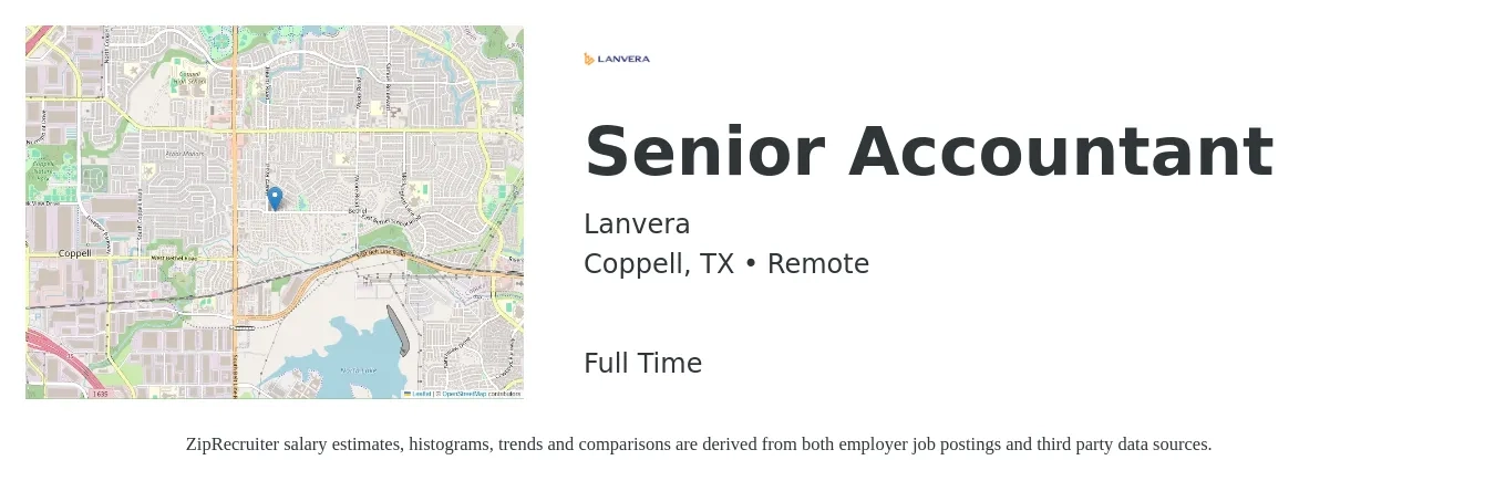 Lanvera job posting for a Senior Accountant in Coppell, TX with a salary of $68,800 to $86,500 Yearly with a map of Coppell location.