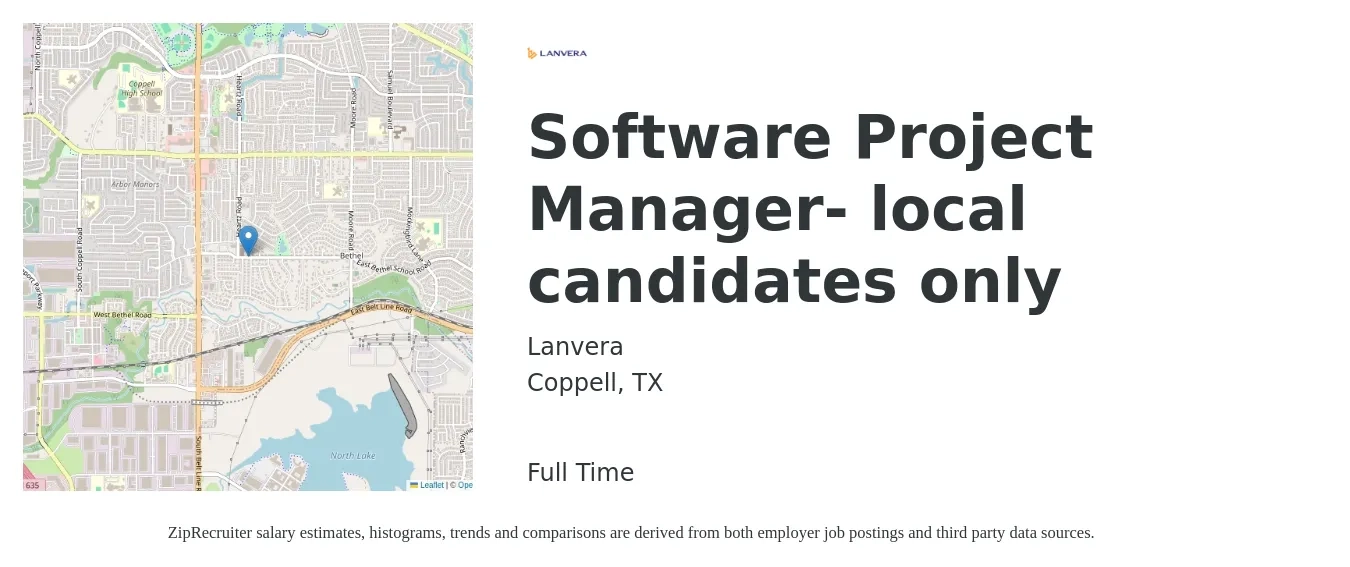 Lanvera job posting for a Software Project Manager- local candidates only in Coppell, TX with a salary of $71,100 to $104,600 Yearly with a map of Coppell location.
