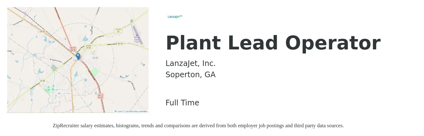LanzaJet, Inc. job posting for a Plant Lead Operator in Soperton, GA with a salary of $14 to $22 Hourly with a map of Soperton location.