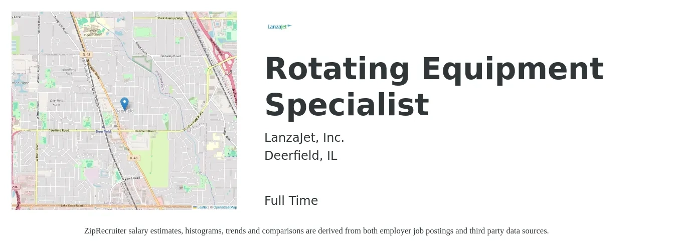 LanzaJet, Inc. job posting for a Rotating Equipment Specialist in Deerfield, IL with a salary of $58,000 to $131,700 Yearly with a map of Deerfield location.
