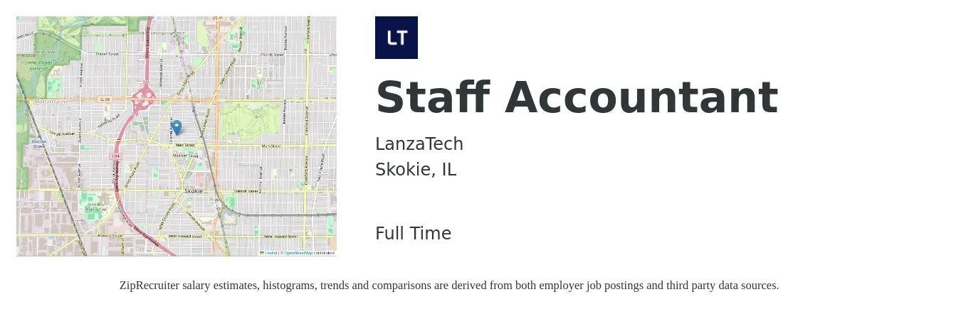 LanzaTech job posting for a Staff Accountant in Skokie, IL with a salary of $55,200 to $72,800 Yearly with a map of Skokie location.