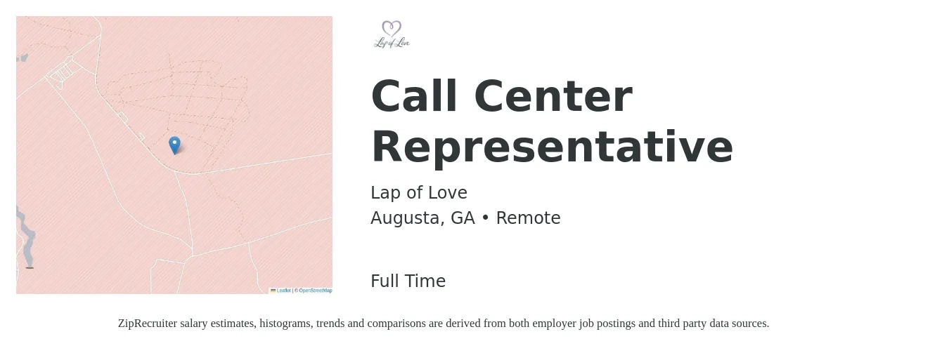 Lap of Love job posting for a Call Center Representative in Augusta, GA with a salary of $15 Hourly with a map of Augusta location.