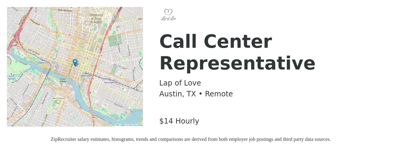 Lap of Love job posting for a Call Center Representative in Austin, TX with a salary of $15 Hourly with a map of Austin location.
