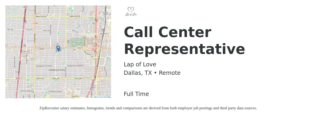 Lap of Love job posting for a Call Center Representative in Dallas, TX with a salary of $15 Hourly with a map of Dallas location.