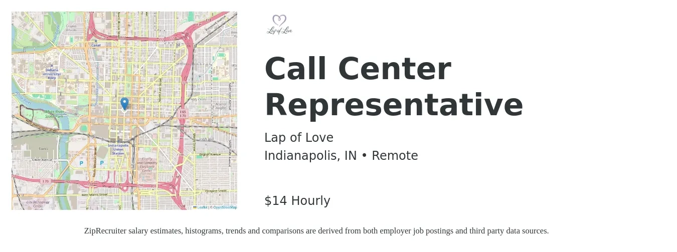 Lap of Love job posting for a Call Center Representative in Indianapolis, IN with a salary of $15 Hourly with a map of Indianapolis location.