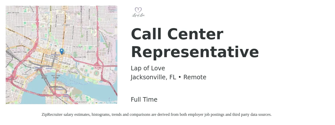 Lap of Love job posting for a Call Center Representative in Jacksonville, FL with a salary of $15 Hourly with a map of Jacksonville location.