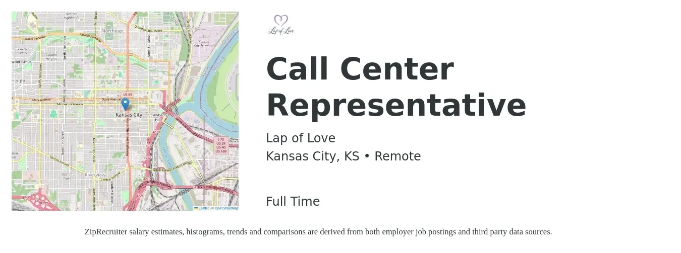 Lap of Love job posting for a Call Center Representative in Kansas City, KS with a salary of $15 Hourly with a map of Kansas City location.