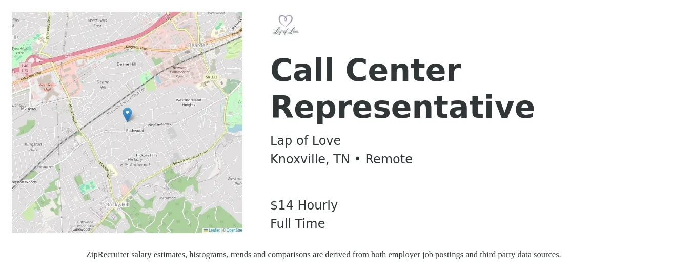 Lap of Love job posting for a Call Center Representative in Knoxville, TN with a salary of $15 Hourly with a map of Knoxville location.