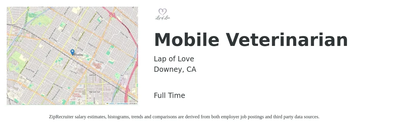 Lap of Love job posting for a Mobile Veterinarian in Downey, CA with a salary of $116,500 to $226,700 Yearly with a map of Downey location.