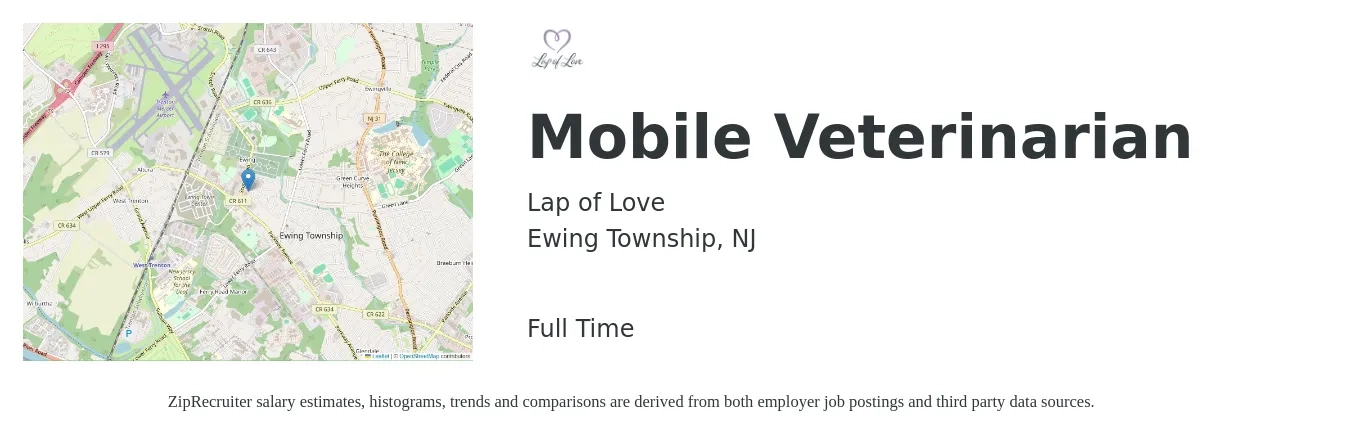 Lap of Love job posting for a Mobile Veterinarian in Ewing Township, NJ with a salary of $107,400 to $209,100 Yearly with a map of Ewing Township location.
