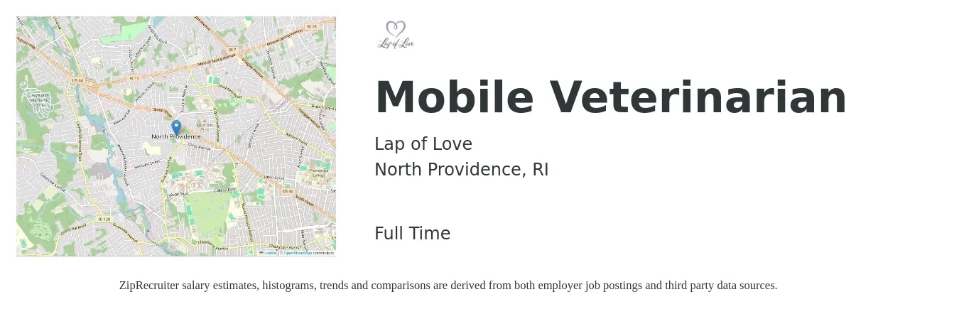 Lap of Love job posting for a Mobile Veterinarian in North Providence, RI with a salary of $116,600 to $227,000 Yearly with a map of North Providence location.