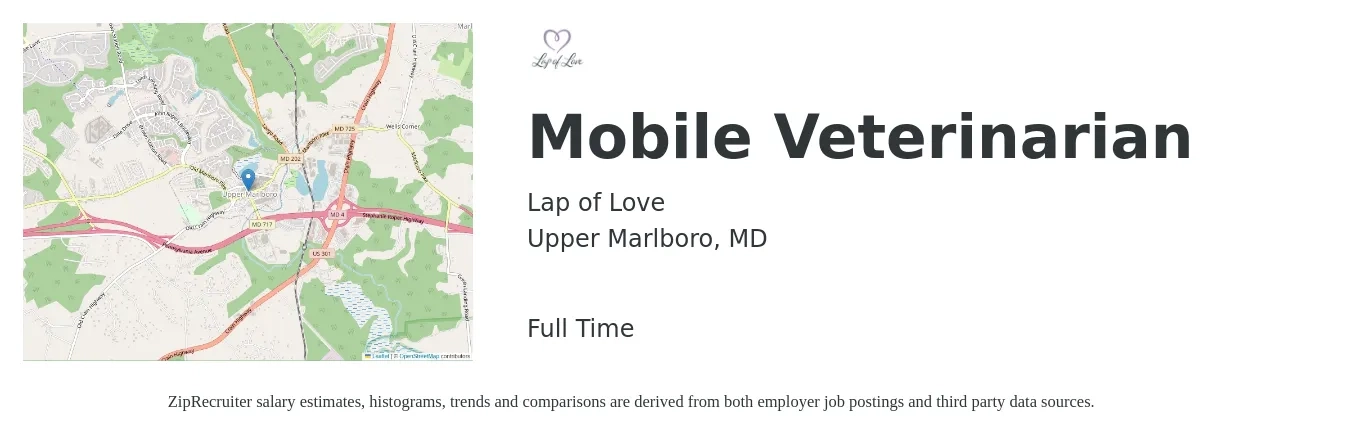 Lap of Love job posting for a Mobile Veterinarian in Upper Marlboro, MD with a salary of $111,100 to $216,200 Yearly with a map of Upper Marlboro location.