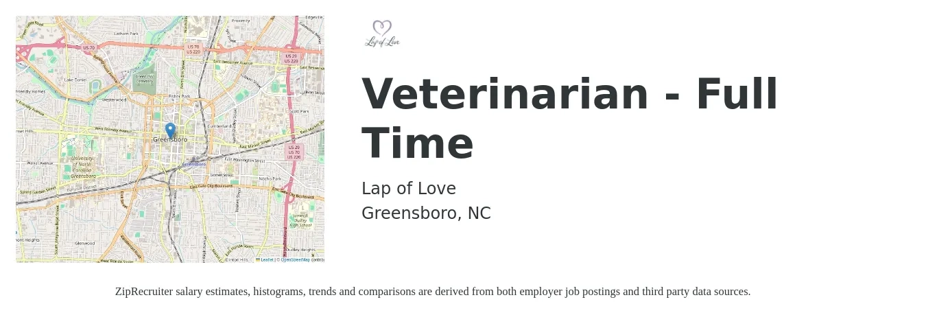 Lap of Love job posting for a Veterinarian - Full Time in Greensboro, NC with a salary of $96,900 to $188,500 Yearly with a map of Greensboro location.
